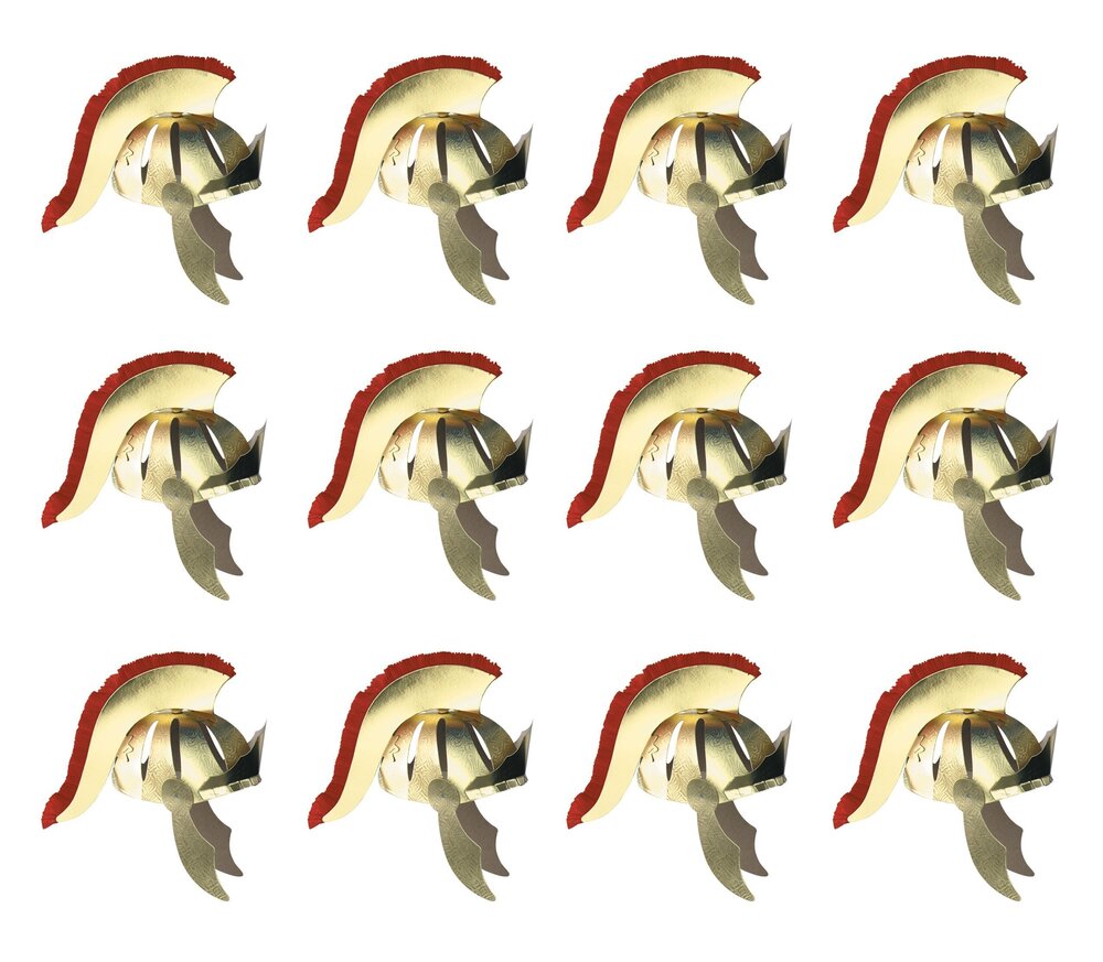 9653 Pack of 12 Roman Helmets in Gold/Red, Centurion Gladiator Halloween